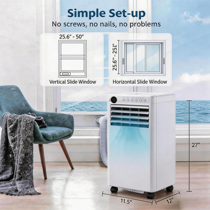 Climatiseur portatif 8 000 BTU, unité de climatisation 5-en-1 avec modes froid, ventilateur, sec et sommeil, télécommande, couvre jusqu'à 350 pieds carrés, affichage à DEL