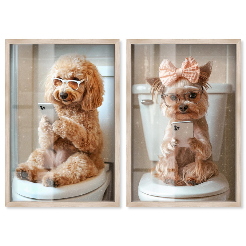 «Whimsical Bathroom Buddies Set Shadowbox» par Art Remedy, H 37 po x l 25 po, Crème, crème
