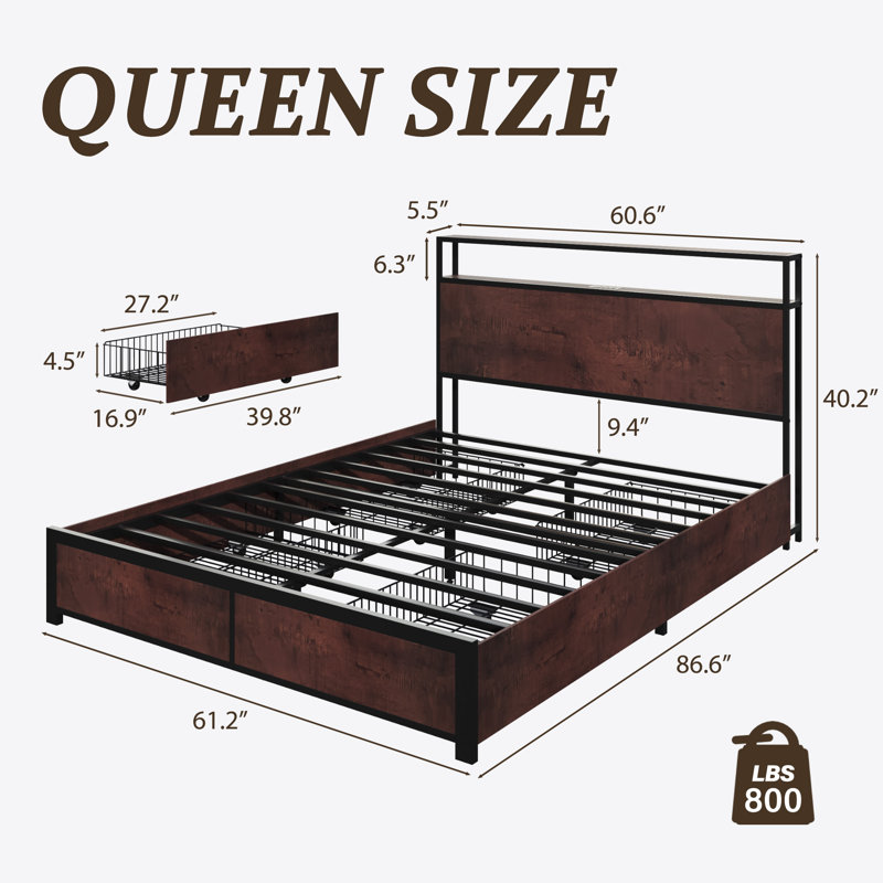 Queen Metal Platform Bed Frame with 2-Tier Storage Headboard,4 Storage Drawers, Built in Charging Station & LED, Noise-Free/No Box Spring Needed, Rustic Brown
