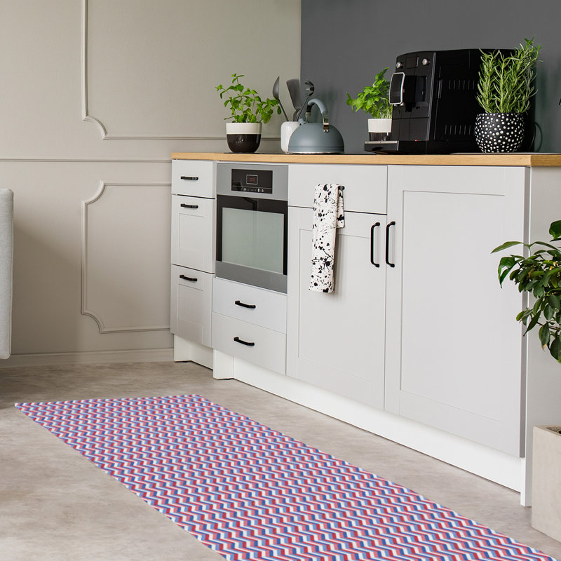 Tapis rouge/bleu à chevrons fait main, Tapis de couloir 2 pi x 8 pi