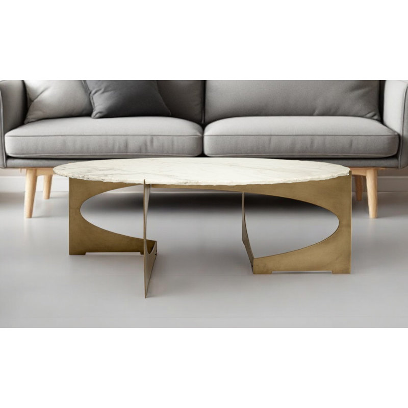 Table basse 30 po ovale en marbre et métal véritable blanc et or