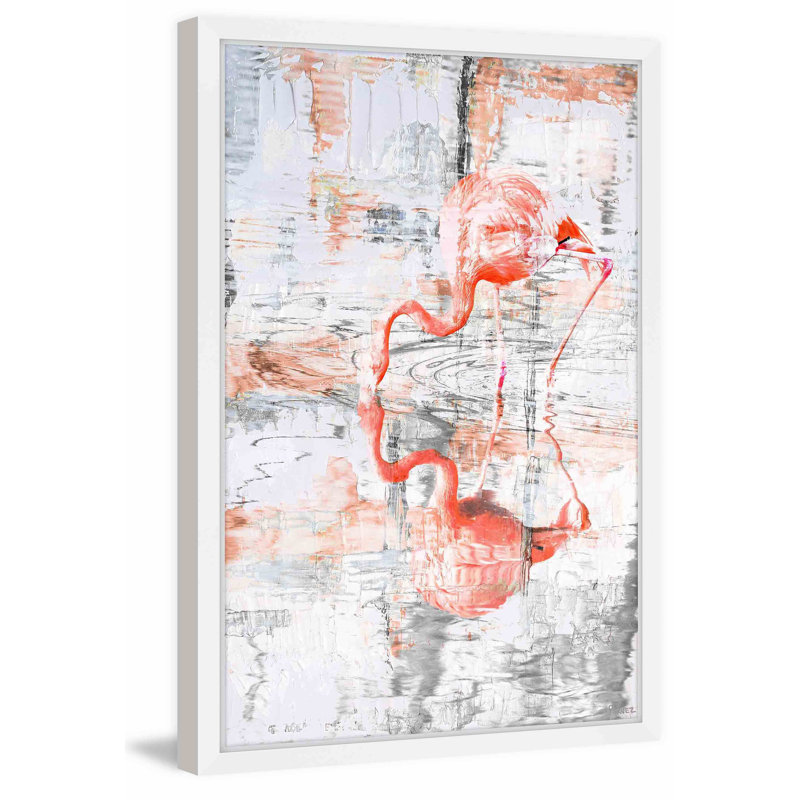 « Flamant rose réfléchissant »-reproduction de peinture encadrée sur papier, H 30 po x l 20 po x P 1,5 po