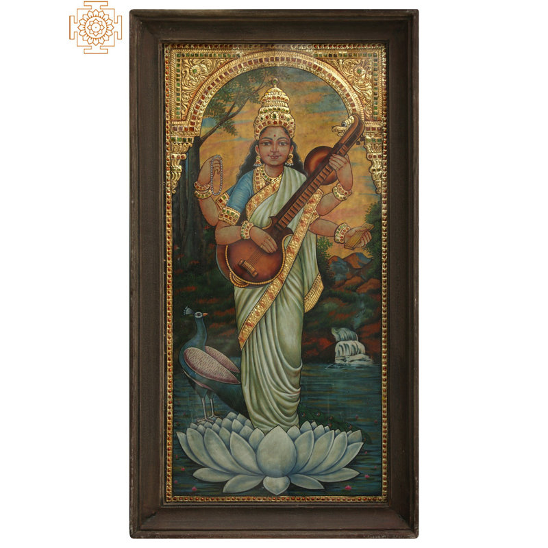 26 "Maa Saraswati debout sur un lotus blanc | Peinture avec cadre Tanjore | Art par Rajaraman