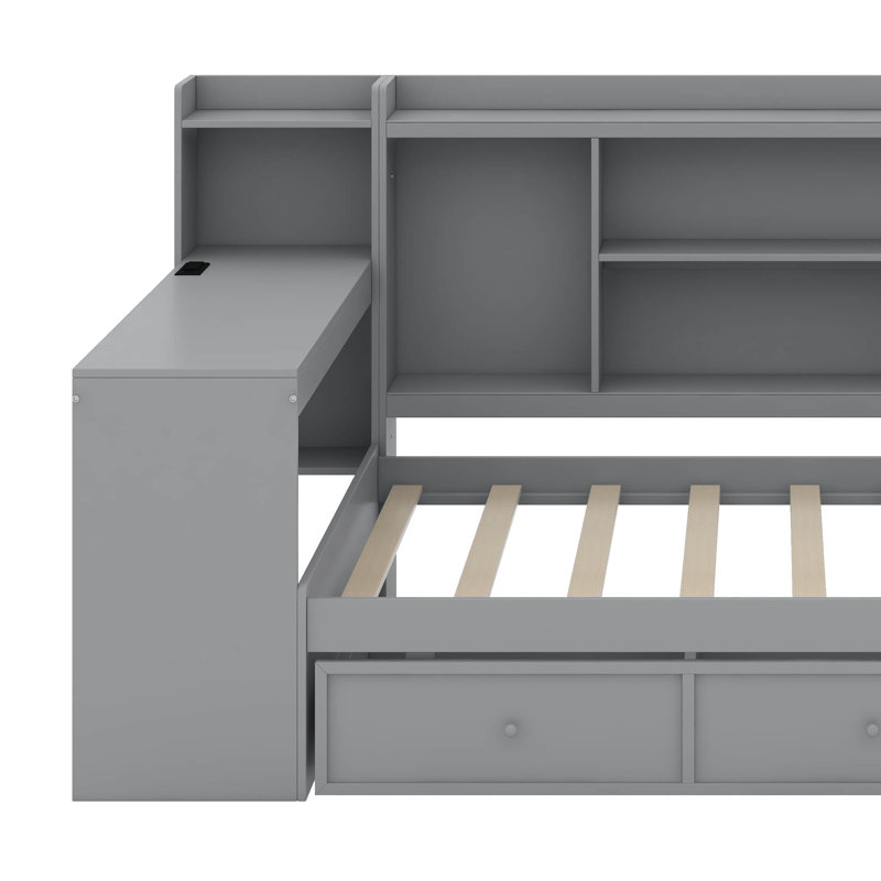 Lit de jour simple avec tiroirs et bureau, Gris