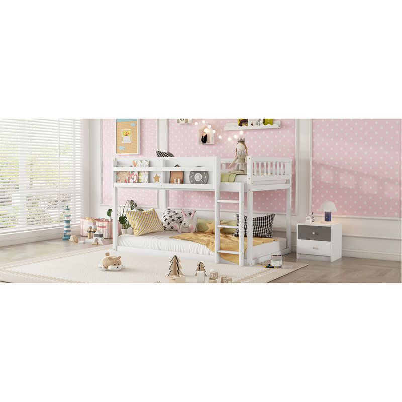 Lit superposé bas simple au-dessus de simple, lit superposé au sol avec échelle, lit superposé simple en bois massif pour enfants et enfants, blanc
