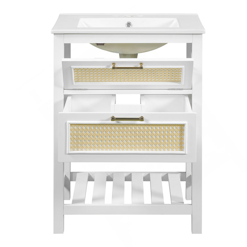 24" Bathroom Vanity With Integrated Ceramic Sink, Bathroom Cabinet With 1 Deep Drawer, 1 Tip-Out Drawer, Single Sink Bathroom Vanity For Small And Medium Restroom