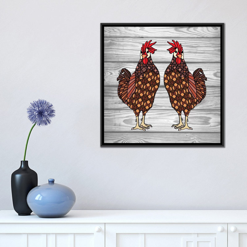 « poulets », impression sur toile tendue, H 18 po x l 18 po x P 1,5 po, Toile encadrée noire, Pas de tapis