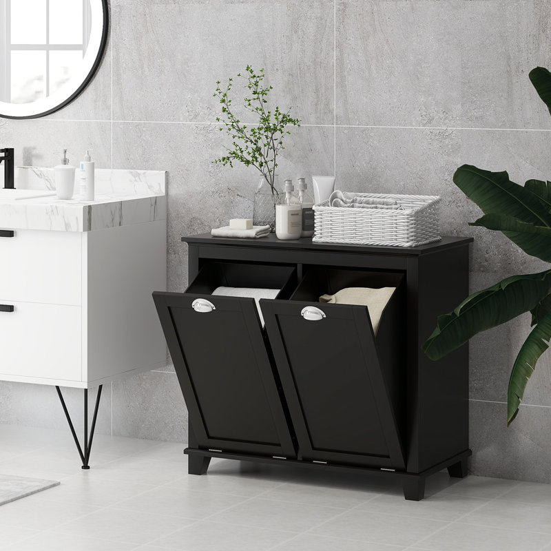 Armoire à linge double inclinable pour salle de bain. 2 pour le rangement des toilettes, armoire de plancher noire. Espace de rangement généreux pour les serviettes. Séparé et foncé. Fabriqué à l'eau. Fonction de surmatelas. Fixation murale. L 30 po x