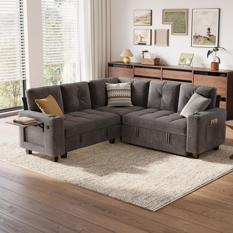 Canapé-lit modulaire capitonné en coin avec canapé-lit, chaise de rangement et table d'appoint Benett 83 po, Gris chenille