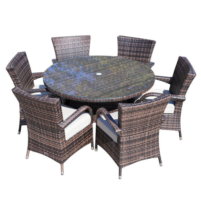 Talene 6 - Person Patio Dining Set with Round Table , Cushions Included, Brown