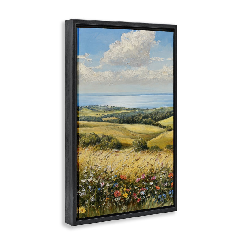 Cadre flottant In the Distance Hills, design par Petal Prints Design, H 31 po x l 21 po, Cadre flottant noir de jais