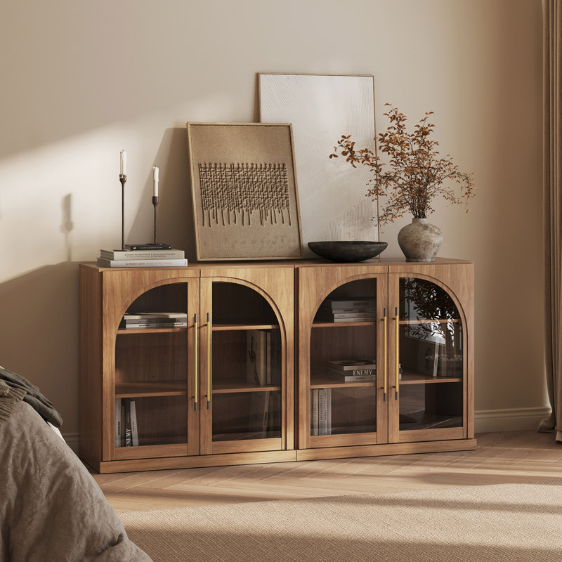 Set of 3 Modular Sideboard with Arched Glass Door and Adjustable Shelves, Camel, Camel