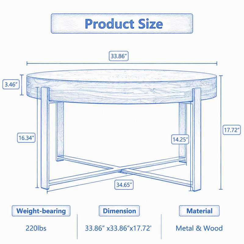 Table basse ronde rétro, L 33,86 po, Doré