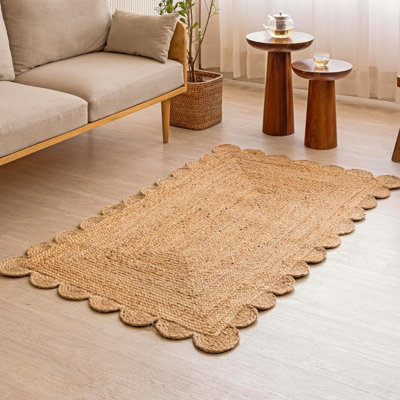 Tapis en jute tressé festonné | Tapis réversible tissé à la main de style bohème champêtre pour salon, chambre, cuisine et entrée | 90 x 150 cm | Naturel