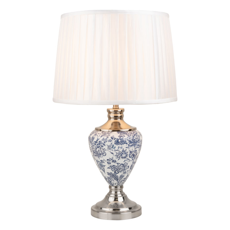 Edie 57cm White/Blue/Silver Toile de Jouy Vintage Style Table Lamp