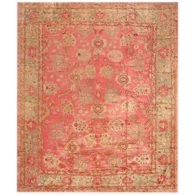 Superbe tapis Oushak turc antique rose et bleu sarcelle à motif Rossette