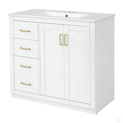 Ensemble de meuble-lavabo 36 po avec lavabo en céramique, armoire de rangement en bois massif, ensemble de meuble-lavabo autoportant avec 3 tiroirs et portes à fermeture douce