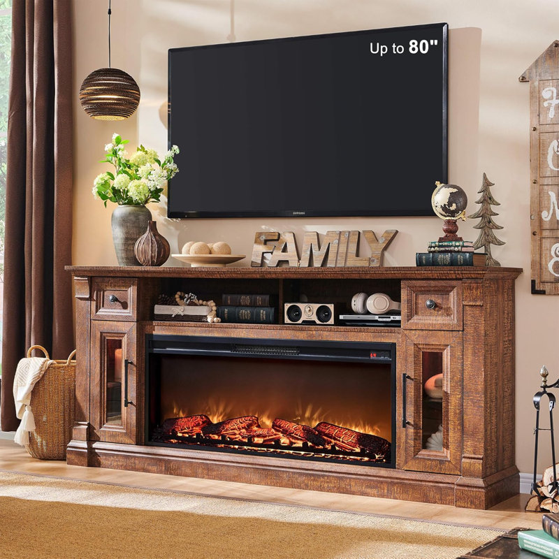 Diamandi Wood TV Stand with Fireplace, Brown Wood