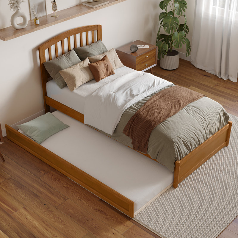 Lit plateforme en bois massif Lamari avec pied de lit et lit gigogne, Simple TG, Caramel clair