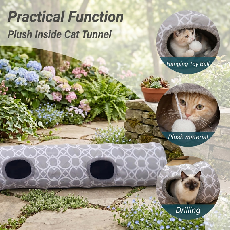 Tunnel géométrique pour chat avec intérieur moelleux, pliable, avec boules, 9,8 po de diamètre, pour lapins, chatons, furets, chiots