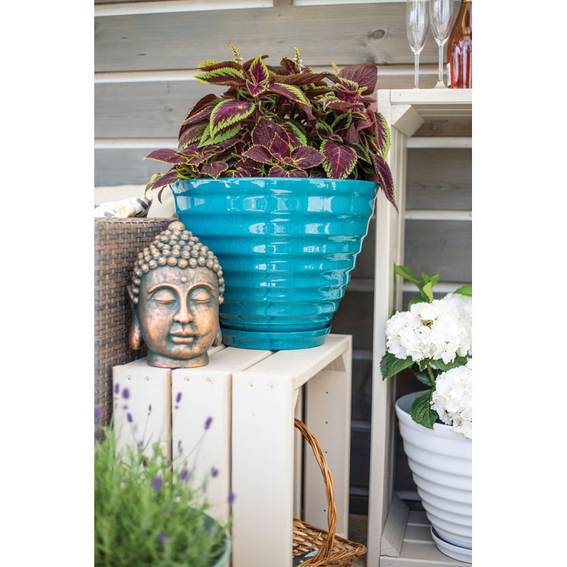 Norval Lightweight Recycled Plastic Garden Pot Planter Vale Planter with In-Built Saucer - L40 x W40 x H30 cm, Teal