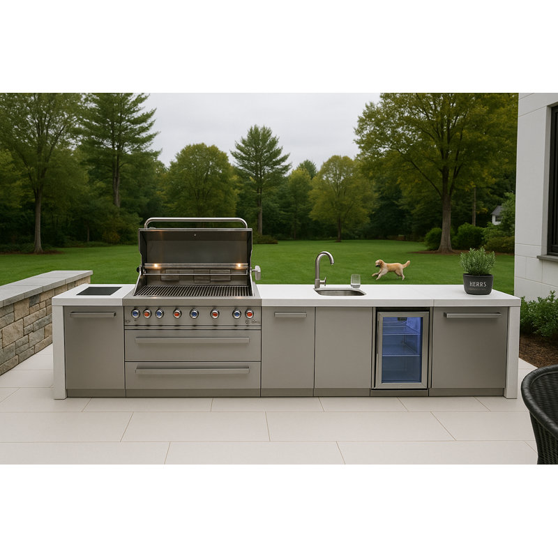 Mont Alpi Mai805-dbev-exc 6-burner 115000 Btu Deluxe Stainless Steel Island Outdoor Kitchen Bbq Gas Grill + Beverage Center Faucet And Sink + Granite Countertops + 25" Right Extra Storage Cabinet