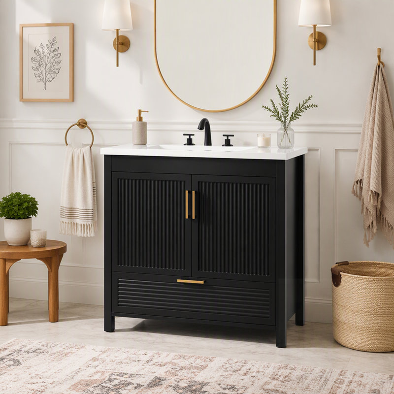 Meuble-lavabo sur pied avec lavabo, portes à fermeture amortie, tiroir à extension complète et panneaux ondulés au fini chêne.