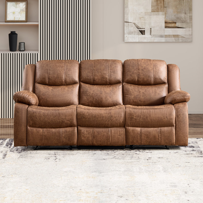 80'' Wide Breathable Leather Manual Reclining Sofa, 3-Seater Recliner Couch, Brown