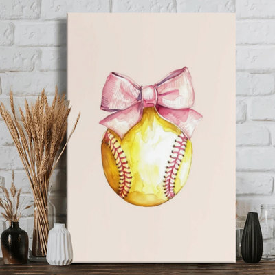Softball adorned with a pink bow Canvas Wall Art - watercolor painting style. Modern Painting - 1" Deep Gallery Wrapped - 24" x 36"