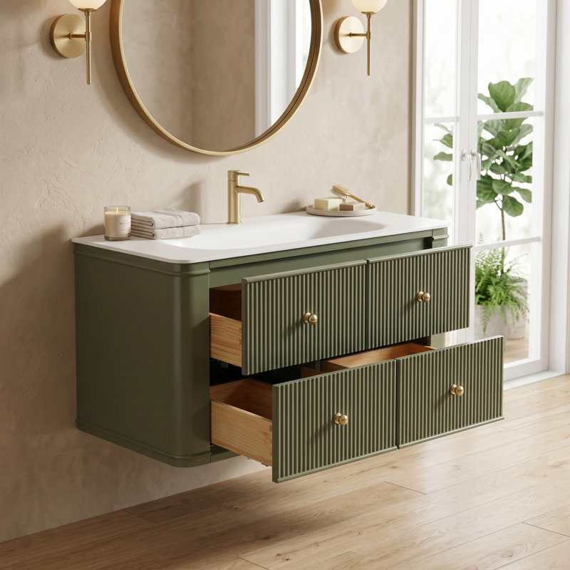 Meuble-lavabo flottant mural 36 po avec lavabo en acrylique intégré, 4 tiroirs à queue d'aronde à fermeture en douceur et deux poignées en vert antique
