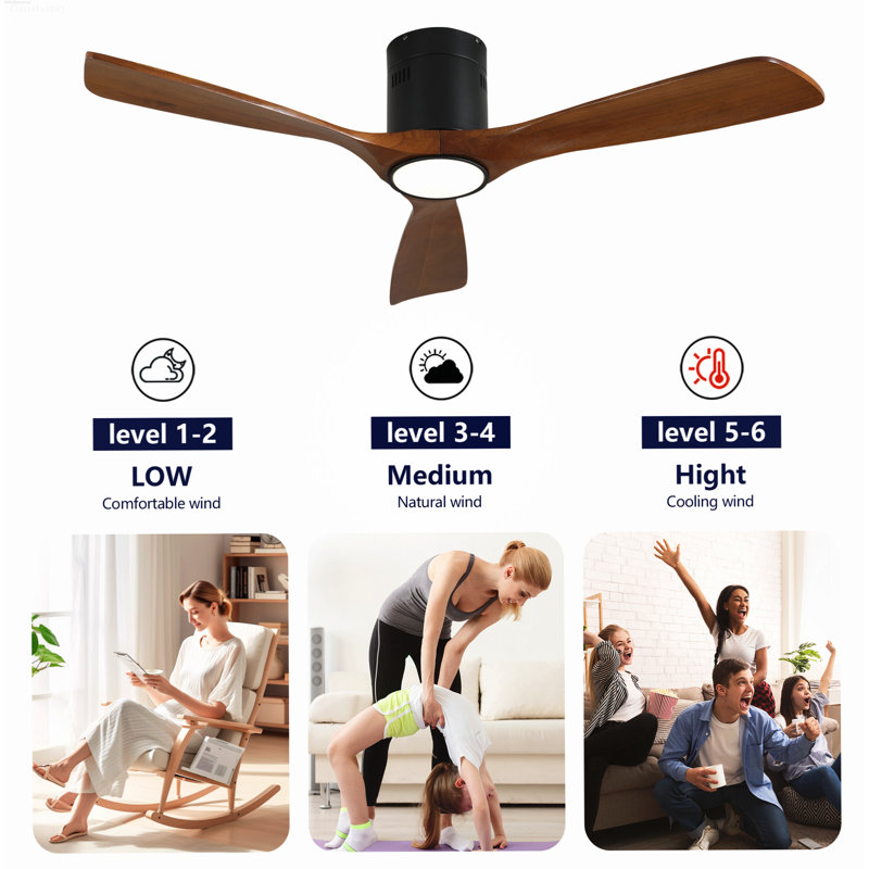 Ventilateur de plafond réversible à 6 vitesses à moteur à courant continu inspiré d'une hélice avec ensemble d'éclairage, noir mat et bois naturel