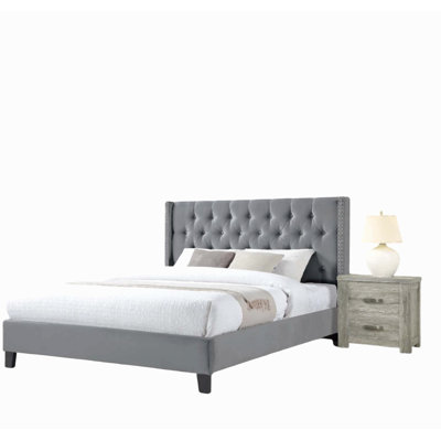 Bed Nailhead Head Trim Diamond Tufted Headboard Gray Finish Bedroom Furniture