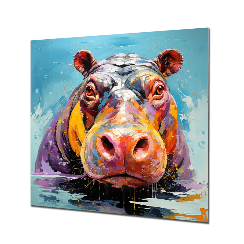 «Blue Colorful Hippo Harmony - Hippopotamusmetal», art mural, H 16 po x l 16 po