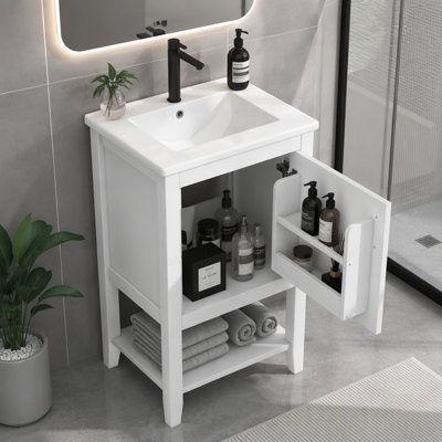 Meuble-lavabo de salle de bain avec lavabo, armoire de salle de bain avec porte à fermeture douce, support de rangement et tablette ouverte,