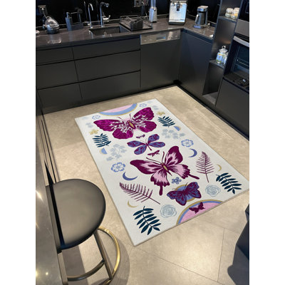 Tapis décoratif moderne mauve et beige à motif de papillons et de fleurs