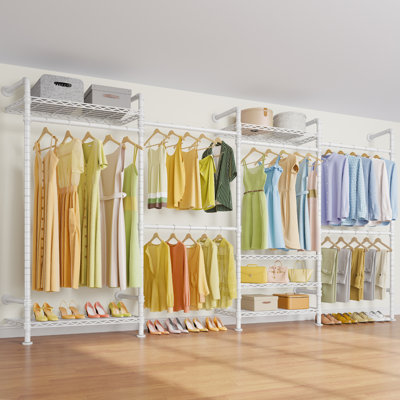 Timate F4 Wall Mounted Industrial Pipe Garment Rack, Heavy Duty Expandable Closet System with Adjustable Shelves Wardrobe Organizer,White