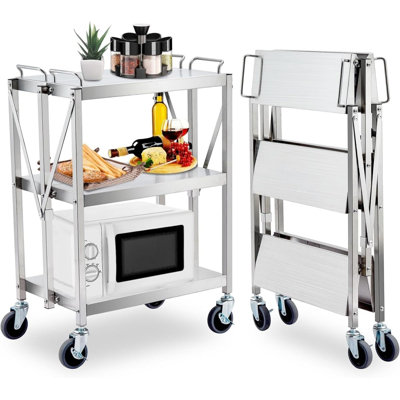 3-Tier Foldable Service Carts with Wheels, Rolling Cart Utility Cart Foldable Cart