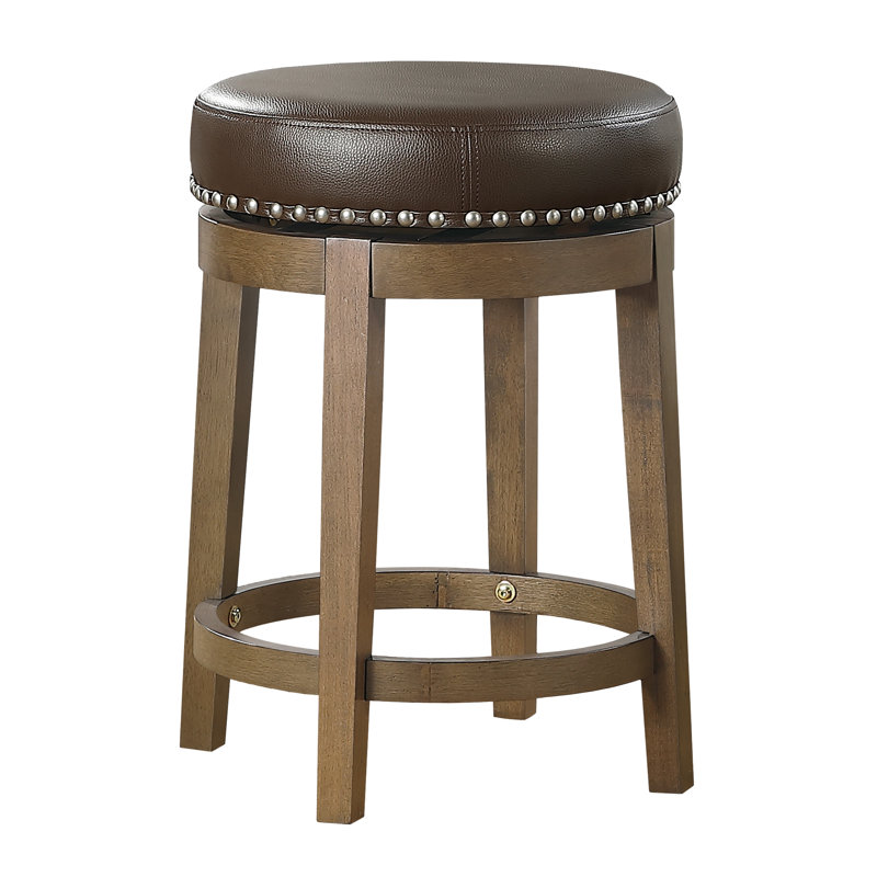 2 tabourets à hauteur de comptoir, assise en similicuir brun, pivotant à 360 degrés, structure en bois massif pour 2 tabourets ronds, cuir, structure à 360 °, garniture cloutée, charmant