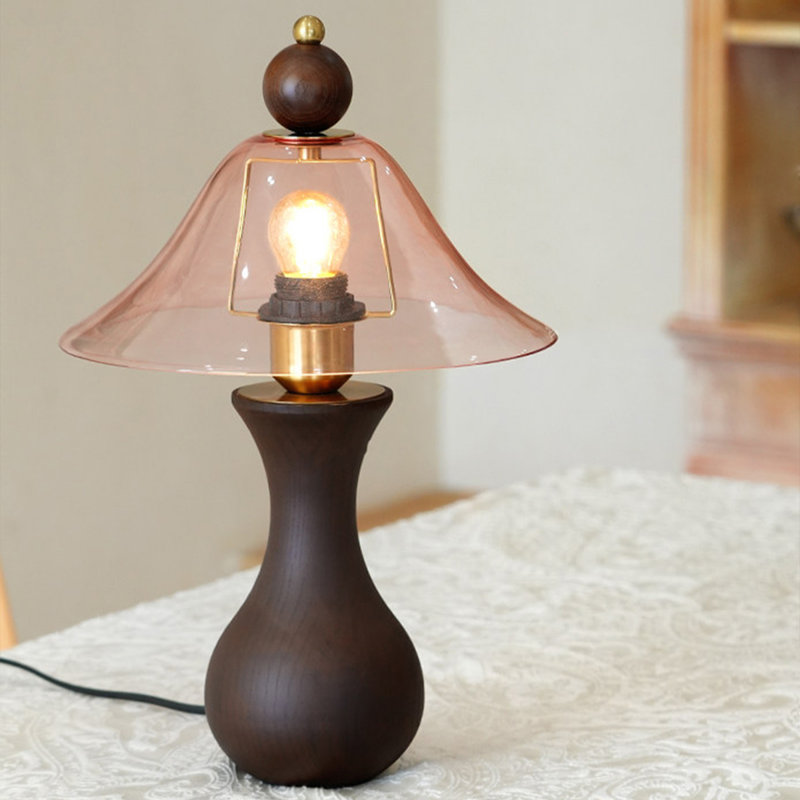 Petite lampe de table moderne en bois massif brun avec abat-jour en verre pour le salon de la chambre à coucher, ampoule incluse