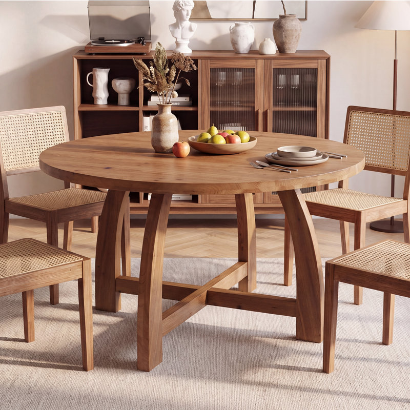 Table de salle à manger ronde en bois massif avec piètement en croix