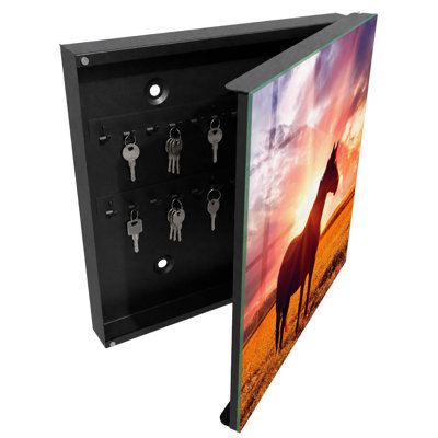 Decorative key box for wall, Opens to the right, 30x30x5, Black, A horse in the glow of the setting sun, 