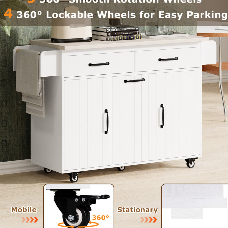 Chariot pour îlot de cuisine avec compartiment poubelle, comptoir à feuilles tombantes, support à épices, porte-serviette, tablette fixe, rangement classique blanc, côté
