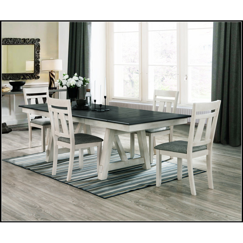 Ensemble de table de salle à manger extensible de style chalet 5 pièces avec finition bicolore gris craie, chaises rembourrées et feuilles de réfectoire autoportantes pour des sièges polyvalents