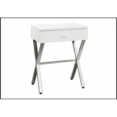 Élégante table d'appoint en métal chromé et blanc brillant avec tiroir de rangement pour les espaces de vie modernes
