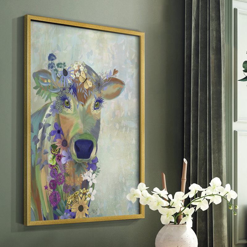 Fantastic Florals Cow, reproduction encadrée - bois massif, Or, H 10 po x l 8 po