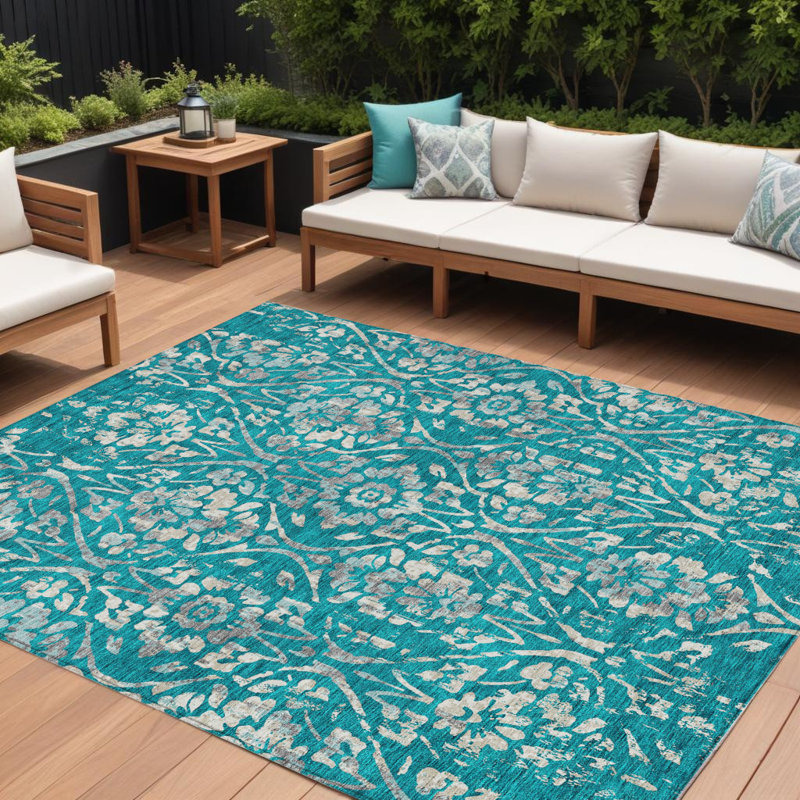 Tapis bleu sarcelle et ivoire lavable à l'extérieur 9 pi x 12 pi bleu sarcelle et ivoire