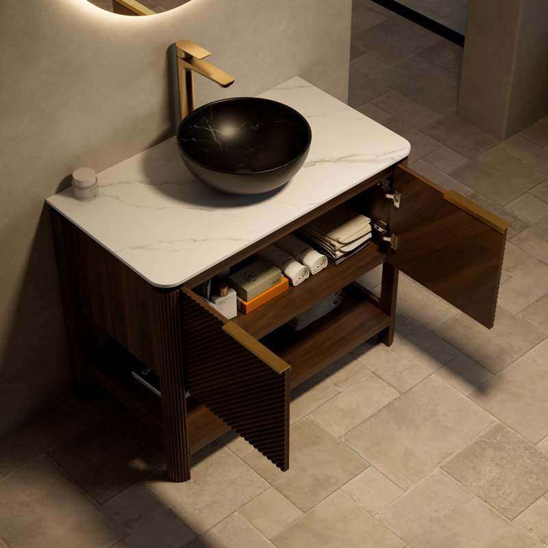 Meuble-lavabo de salle de bain 36 po Indigo, armoire de rangement autoportante en contreplaqué avec 2 portes diagonales et tablette ouverte, lavabo en céramique à motif de pierre noire et plateau en pierre frittée blanc de Carrare, grain de bois noyer foncé
