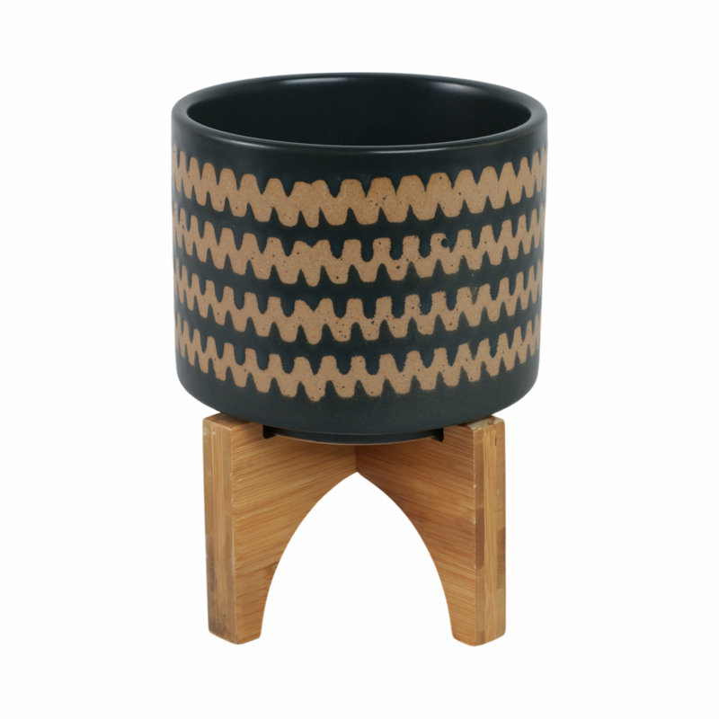 Pot à fleurs en céramique et en grès avec support en bois arqué et forme sculpturale, Sarcelle, H 7 po x l 5 po x P 5 po