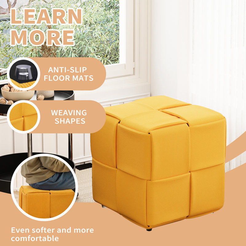 Square Corduroy Yellow Stool, Comfortable For Foot Placement, High Resilience And Versatile Function In Home Fabric Rest, Smooth, Multi - Use Various Spaces, Stable