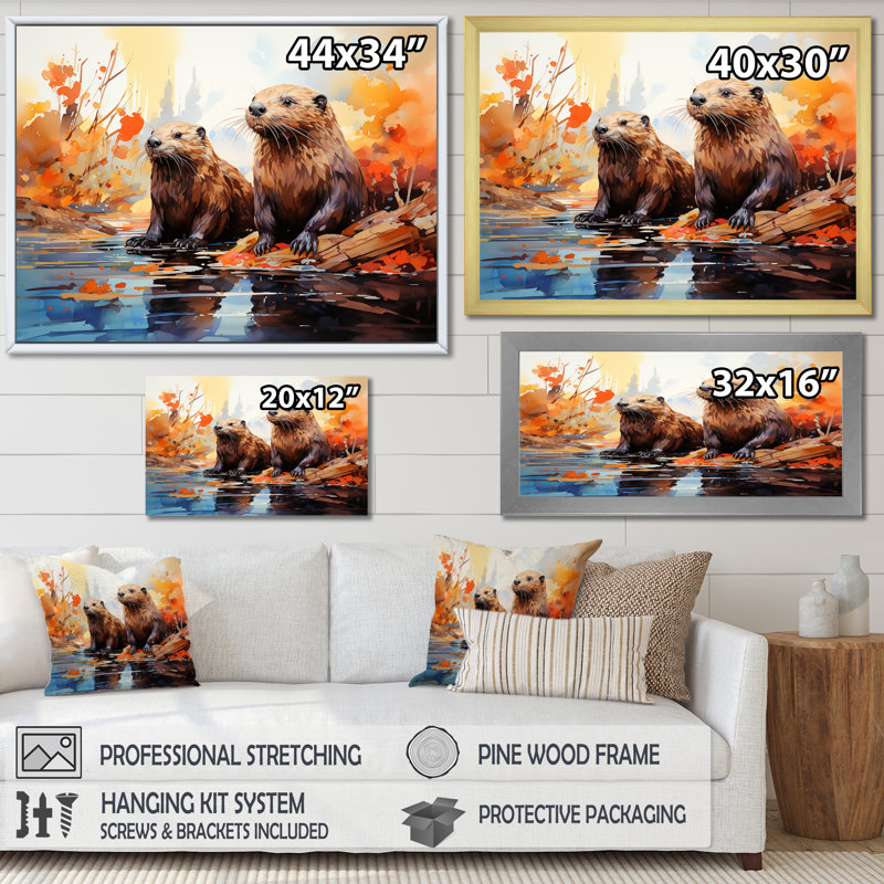 Portrait of Beavers Habitat sur toile, H 24 po x l 32 po x P 1 po, Cadre photo noir